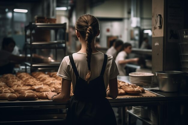 Une femme se tient devant un comptoir rempli de pain.