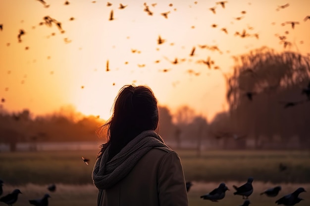 Une femme se tient devant un coucher de soleil avec des oiseaux volant dans le ciel