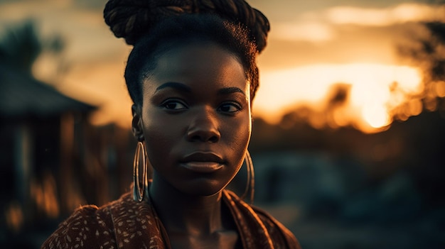 Une femme se tient devant un coucher de soleil.