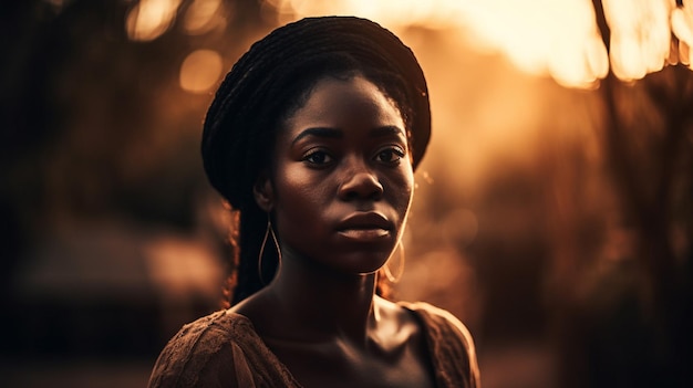 Une femme se tient devant un coucher de soleil.