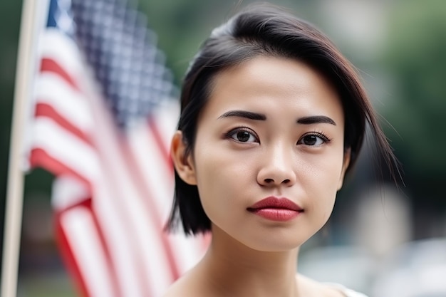 Une femme se tient devant un drapeau américain