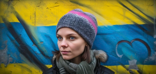 Une femme se tient devant un drapeau jaune et bleu.