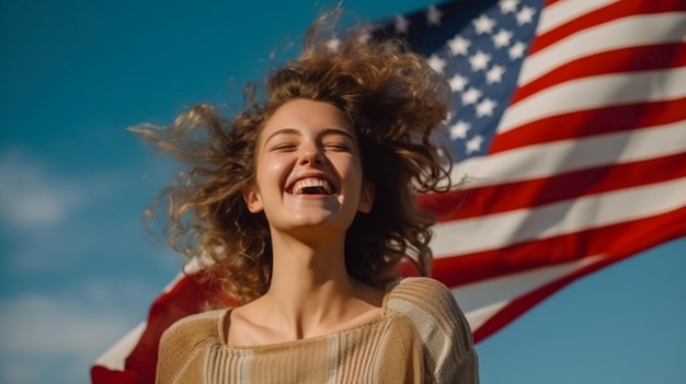 Une femme se tient devant un drapeau qui dit "américain" dessus