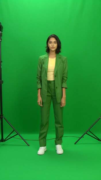 une femme se tient devant un écran vert.