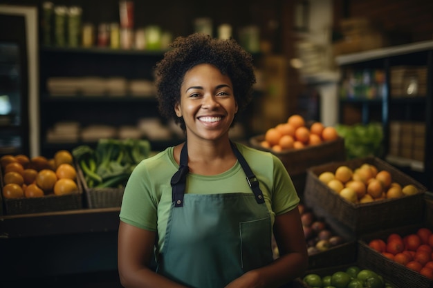 Une femme se tient devant une exposition de divers fruits dans un marché Une vendeuse souriante portant un tablier vert dans un supermarché généré par l'IA