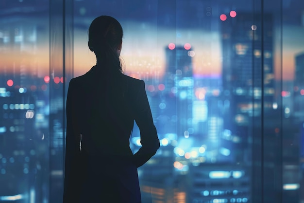 Une femme se tient devant une fenêtre et regarde le vaste paysage urbain derrière elle Une femme d'affaires debout pensivement dans le paysage urbain de son bureau en toile de fond générée par l'IA