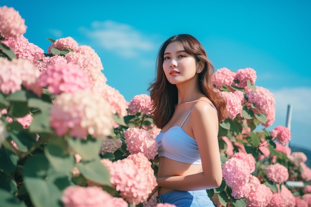 Une femme se tient devant une fleur d'hortensia rose.