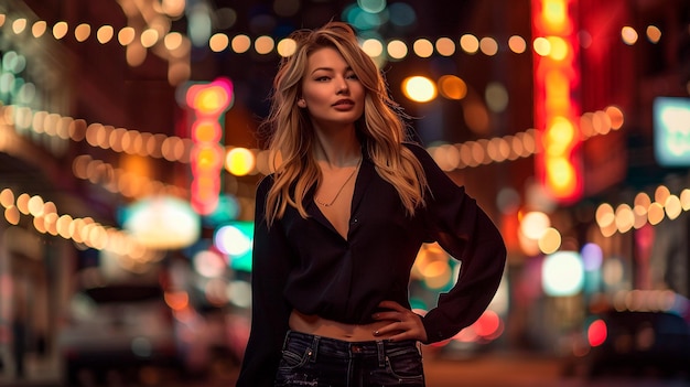 Photo une femme se tient devant un flou de lumières