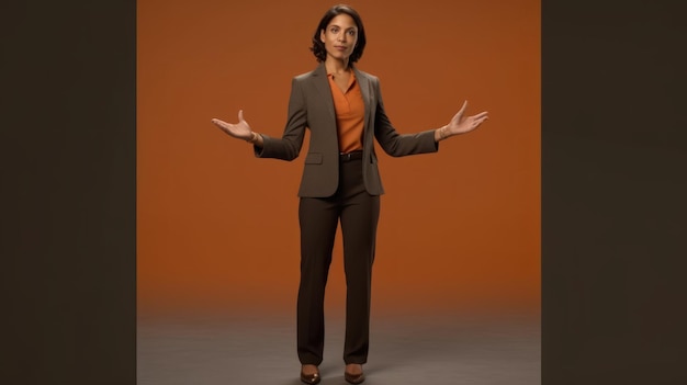 Une femme se tient devant un fond orange avec le mot dessus