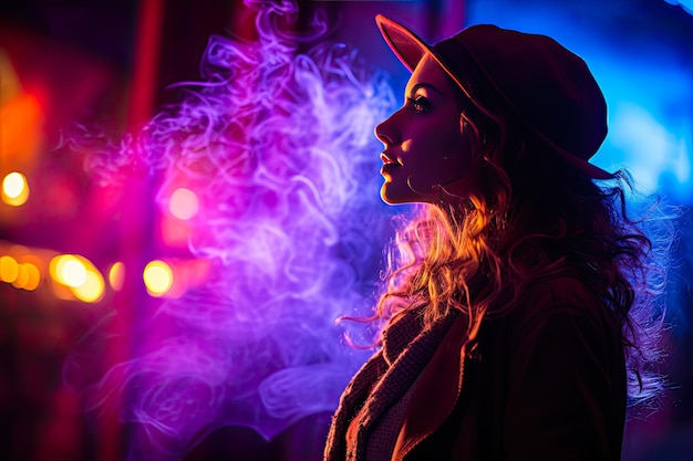 Une femme se tient devant une fumée violette avec un chapeau sur la tête.
