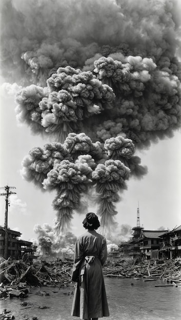 une femme se tient devant un grand nuage de fumée