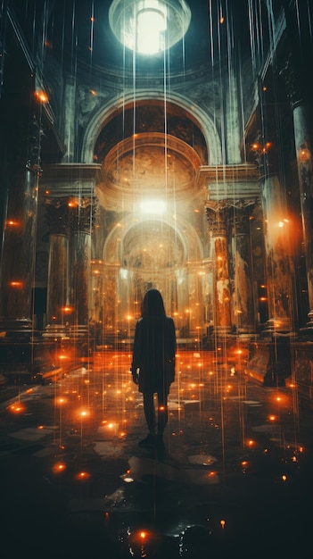 une femme se tient devant une grande cathédrale de marbre
