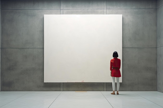 Une femme se tient devant une grande toile blanche