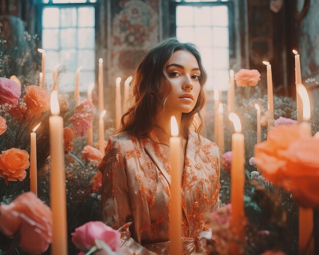 Photo une femme se tient devant un gros bouquet de roses.