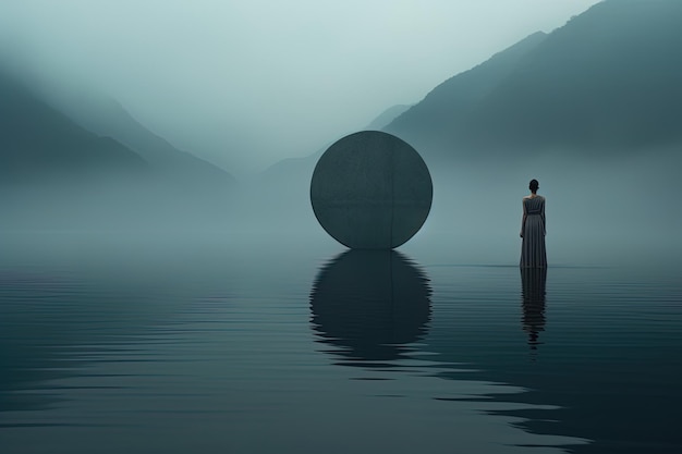 Photo une femme se tient devant une grosse balle dans l’eau.