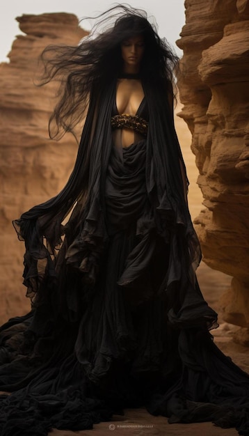 une femme se tient devant une grotte avec de longs cheveux noirs.