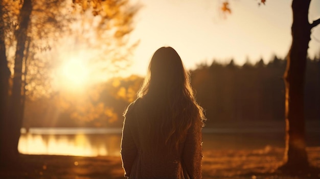 une femme se tient devant un lac et regarde le coucher de soleil