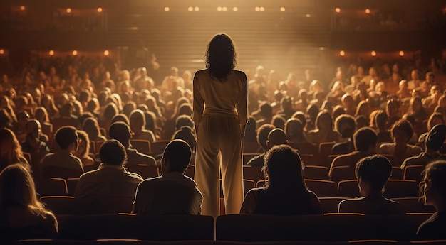 Une femme se tient devant un large public dans un théâtre avec une femme en robe blanche.