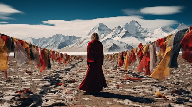 Photo une femme se tient devant une montagne avec un tissu rouge devant eux.