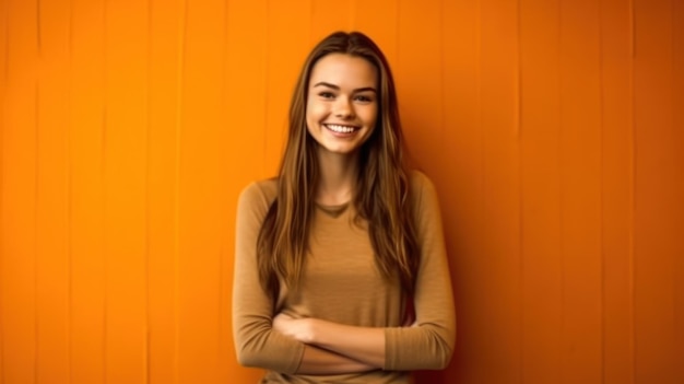 Une femme se tient devant un mur orange, les bras croisés.