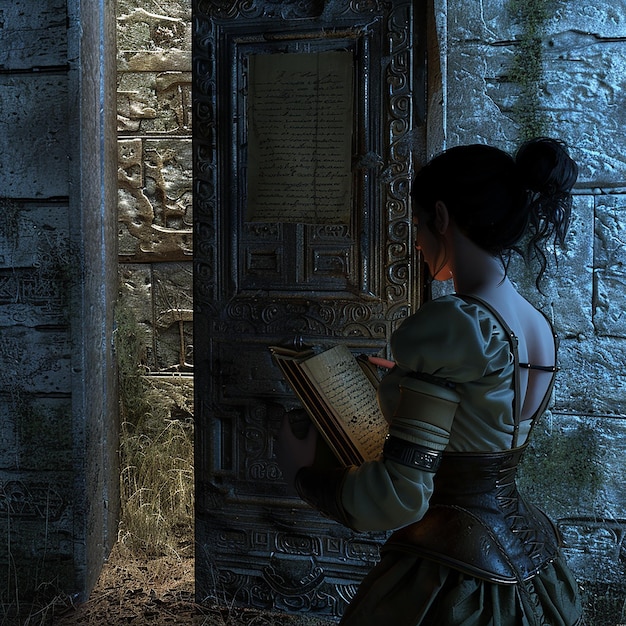 une femme se tient devant un mur de pierre avec un livre à la main