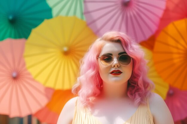 Une femme se tient devant un parapluie coloré