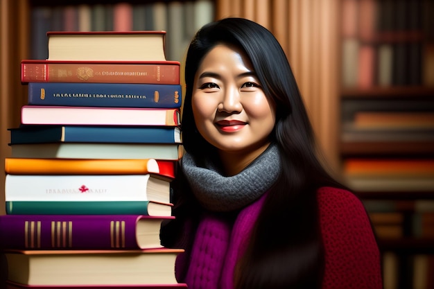 Une femme se tient devant une pile de livres.