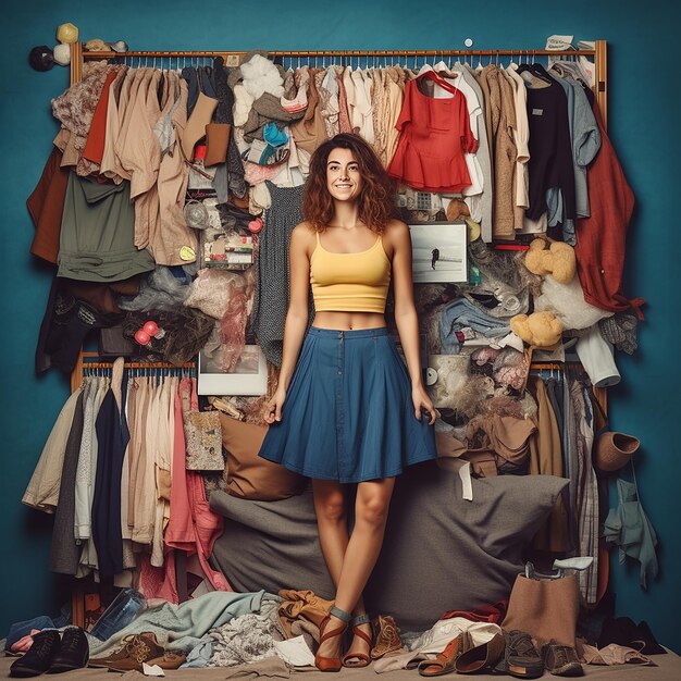 Une femme se tient devant un placard plein de vêtements et une pancarte qui dit " c'est une fille ".