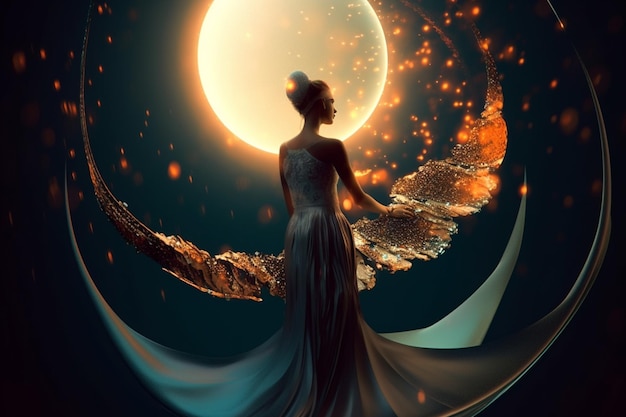Une femme se tient devant une pleine lune avec les mots " feu " en bas.