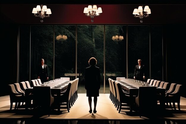 Photo une femme se tient devant une salle à manger avec une table et des chaises