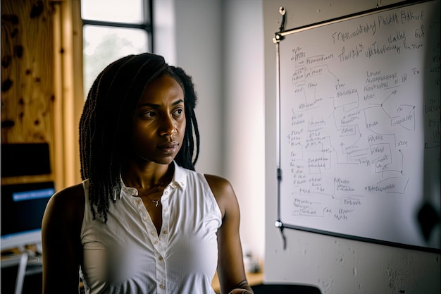 Une femme se tient devant un tableau blanc qui dit "le mot esprit" dessus