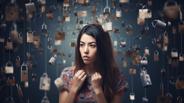 Une femme se tient devant un tas de cadenas avec le mot cadenas dessus.