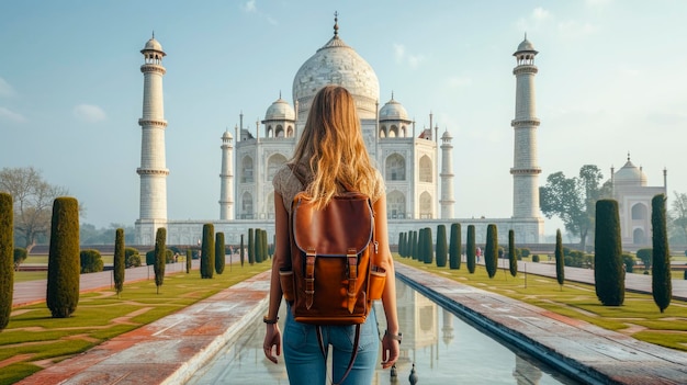 Une femme se tient devant un temple.