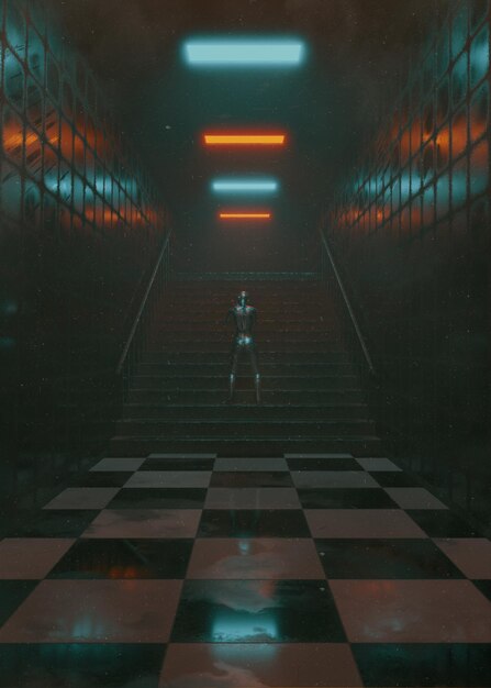 Une femme se tient sur un escalier avec des néons en bas.