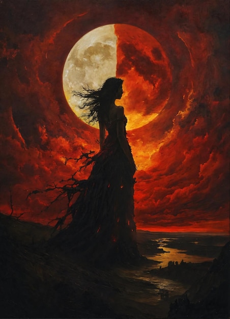 une femme se tient sur une falaise avec une pleine lune en arrière-plan