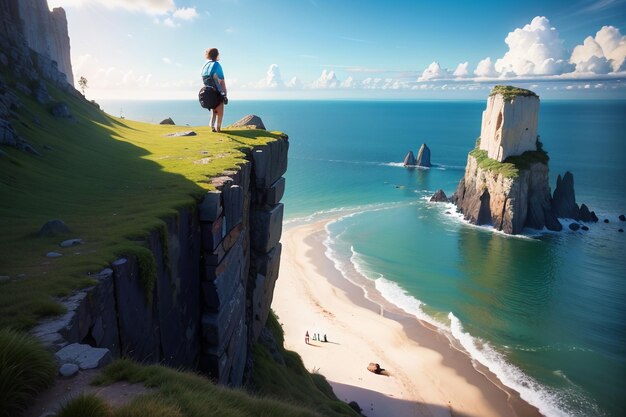 Une femme se tient sur une falaise surplombant une plage et l'océan.