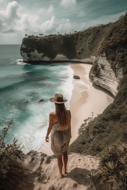 Une femme se tient sur une falaise surplombant une plage.