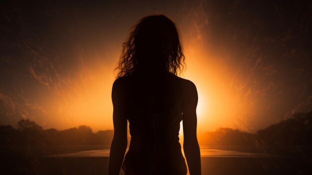 Photo une femme se tient gracieusement devant un coucher de soleil vibrant sa silhouette décrit contre le ciel