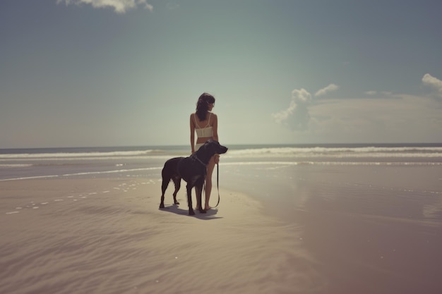 Une femme se tient sur la plage à côté d'un chien qui sent le sable sous ses pieds alors qu'ils profitent d'un moment de paix ensemble au bord de l'océan