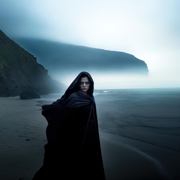 Photo une femme se tient sur une plage devant une falaise