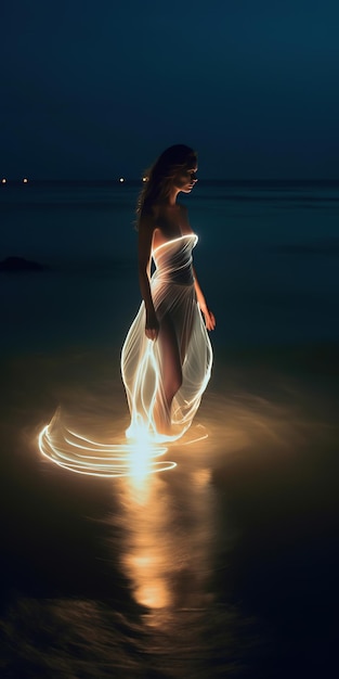 Une femme se tient sur une plage avec une peinture claire sur sa robe.