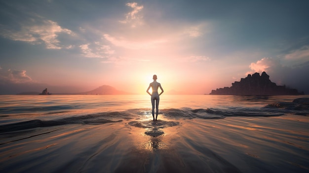 Une femme se tient sur une plage avec le soleil se couchant derrière elle présentant la journée mondiale du yoga