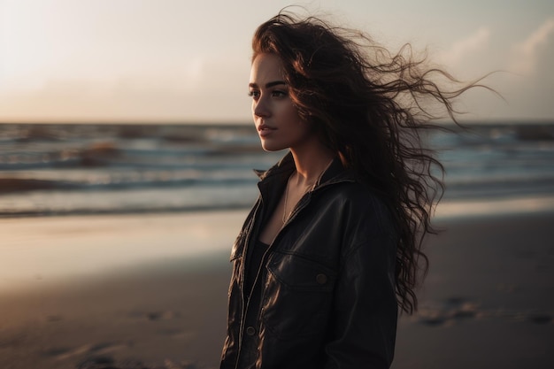 Une femme se tient sur une plage avec le soleil se couchant derrière elle.