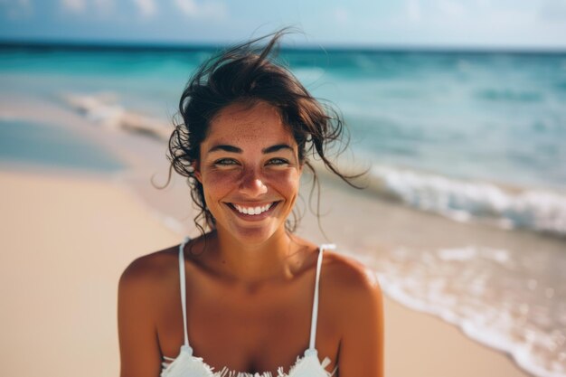 Une femme se tient sur une plage souriant chaleureusement à la caméra avec la mer en arrière-plan