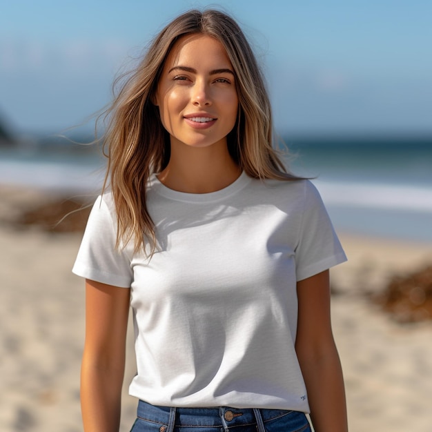 Une femme se tient sur une plage vêtue d'un t-shirt blanc et d'un jean bleu.
