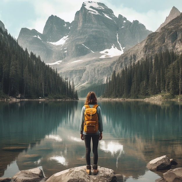 Une femme se tient sur un rocher devant une montagne et regarde une montagne.