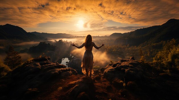 Photo une femme se tient sur un rocher avec le soleil derrière son dos