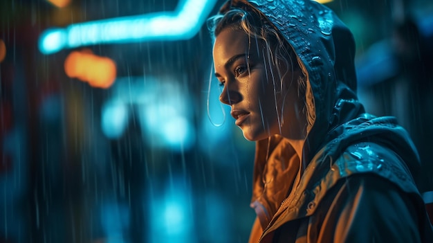 Une femme se tient sous la pluie devant un réverbère allumé.