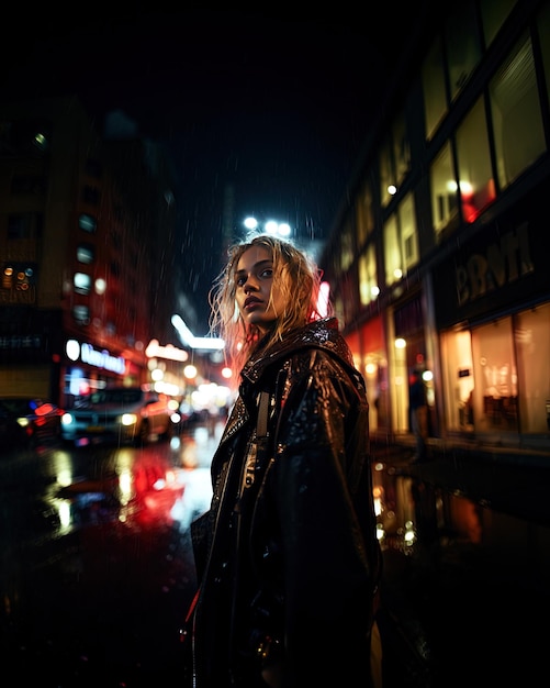 Photo une femme se tient sous la pluie devant une vitrine.