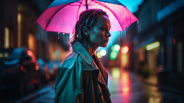 Une femme se tient sous la pluie avec un parapluie sous la pluie.